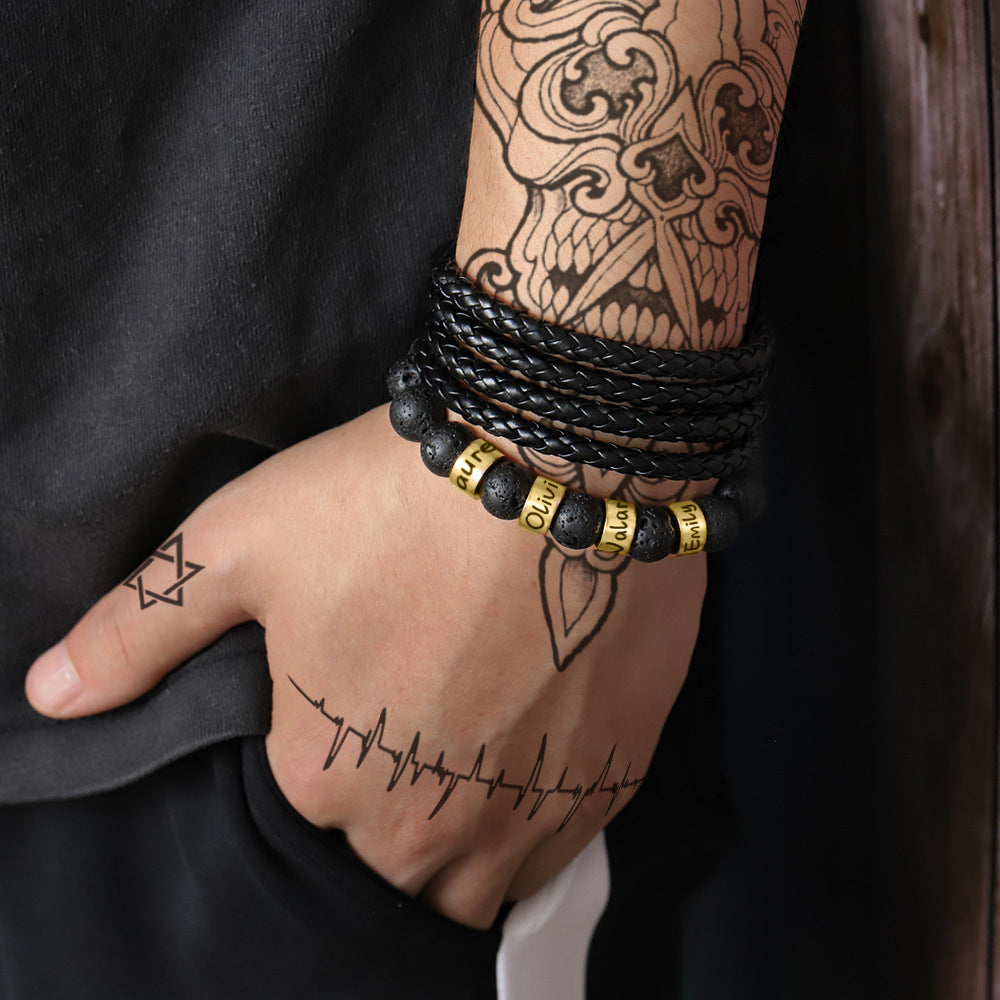 Bracciale Con Perline In Pietra Lavica Nera Con Nome Personalizzato, Regalo Per Uomo, Marito, Padre, Nonno - soufeelit