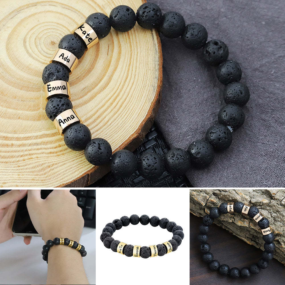 Bracciale Con Perline In Pietra Lavica Nera Con Nome Personalizzato, Regalo Per Uomo, Marito, Padre, Nonno - soufeelit