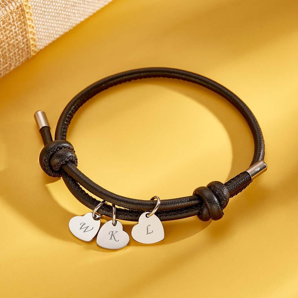 Bracciale In Pelle Inciso Con Pendenti A Cuore Squisito Braccialetto Regolabile Come Regalo Per Gli Amanti - soufeelit