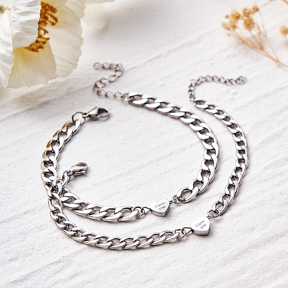 Set Di Braccialetti Incisibili, Braccialetto Personalizzato Con Ciondolo A Forma Di Cuore, Regalo Per Coppie - soufeelit