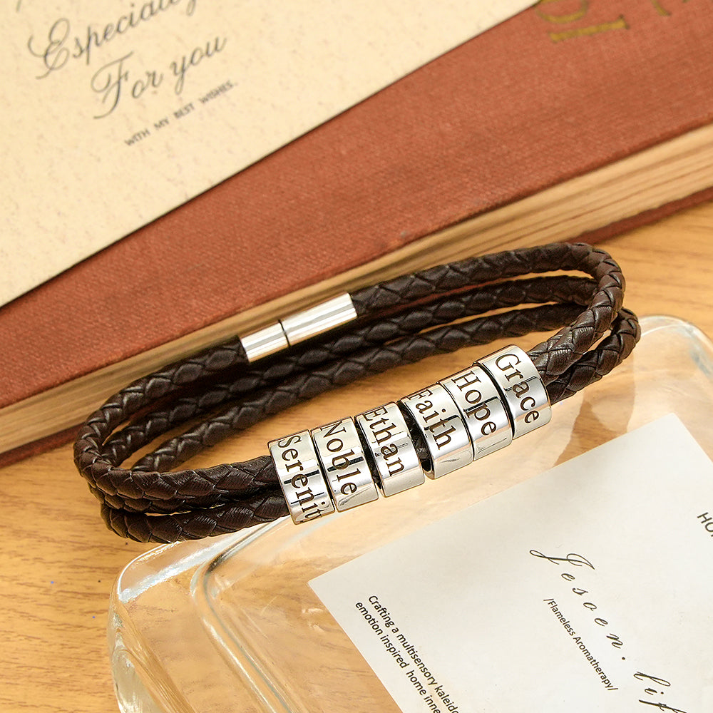 Bracciale Da Uomo In Pelle Intrecciata Con Piccole Perline Personalizzate - soufeelit