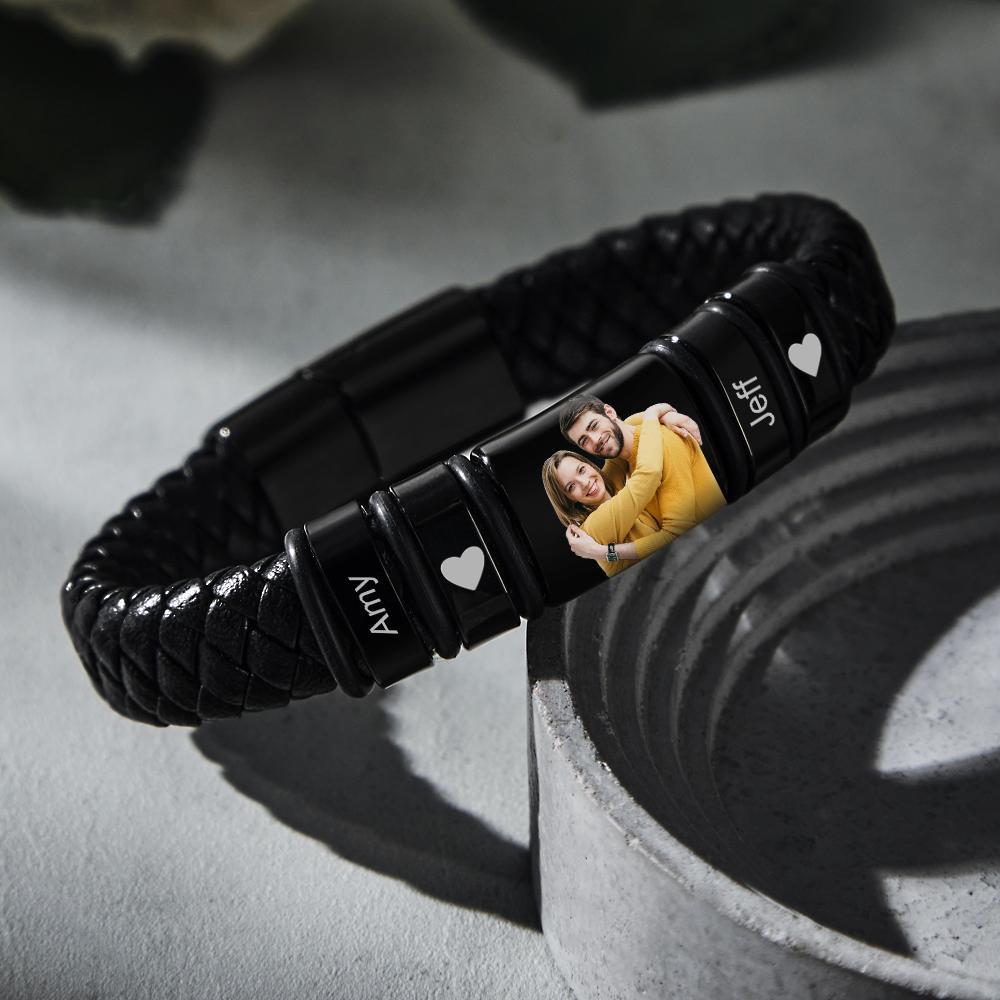 Bracciale Da Uomo Con Foto Personalizzata Incisa, Braccialetto In Pelle, Regali Per Lui - soufeelit