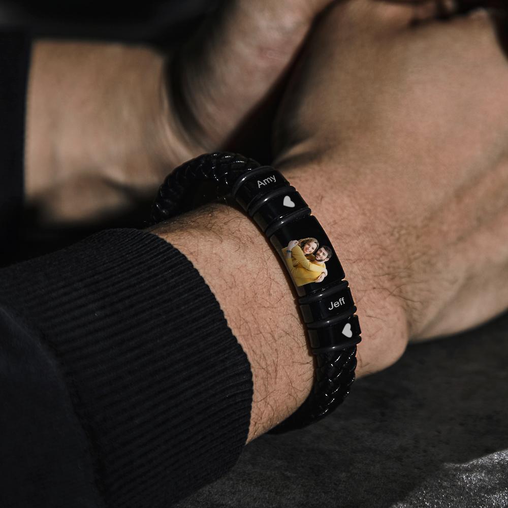 Bracciale Da Uomo Con Foto Personalizzata Incisa, Braccialetto In Pelle, Regali Per Lui - soufeelit