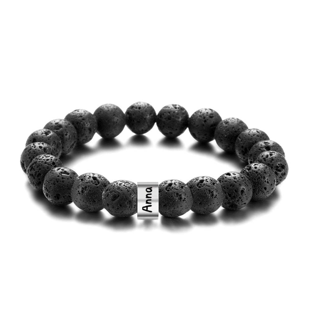 Bracciale Con Perline In Pietra Lavica Nera Con Nome Personalizzato, Regalo Per Uomo, Marito, Padre, Nonno - soufeelit