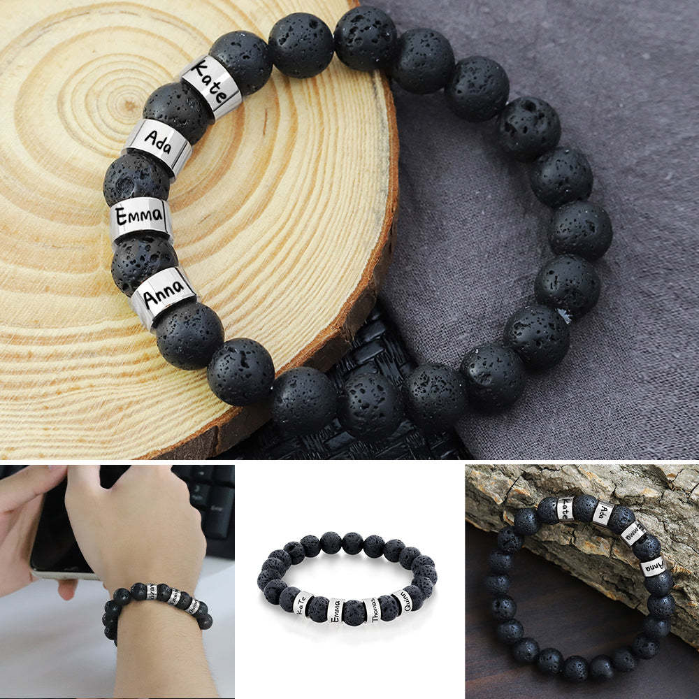 Bracciale Con Perline In Pietra Lavica Nera Con Nome Personalizzato, Regalo Per Uomo, Marito, Padre, Nonno - soufeelit