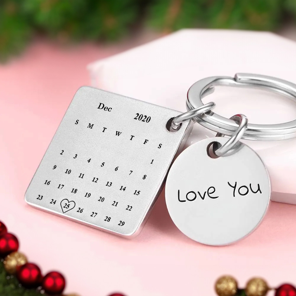 Portachiavi In ​​argento Con Calendario Personalizzato Con Foto Incisa | Il Miglior Regalo Di Anniversario. Regalo Di Natale - soufeelit