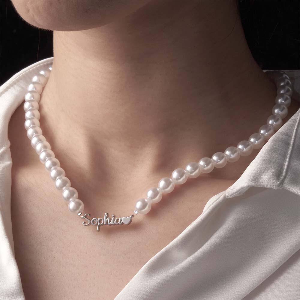 Collana Con Catena Di Perle Con Nome Personalizzato, Cuore, Regalo Classico Per Lei - soufeelit