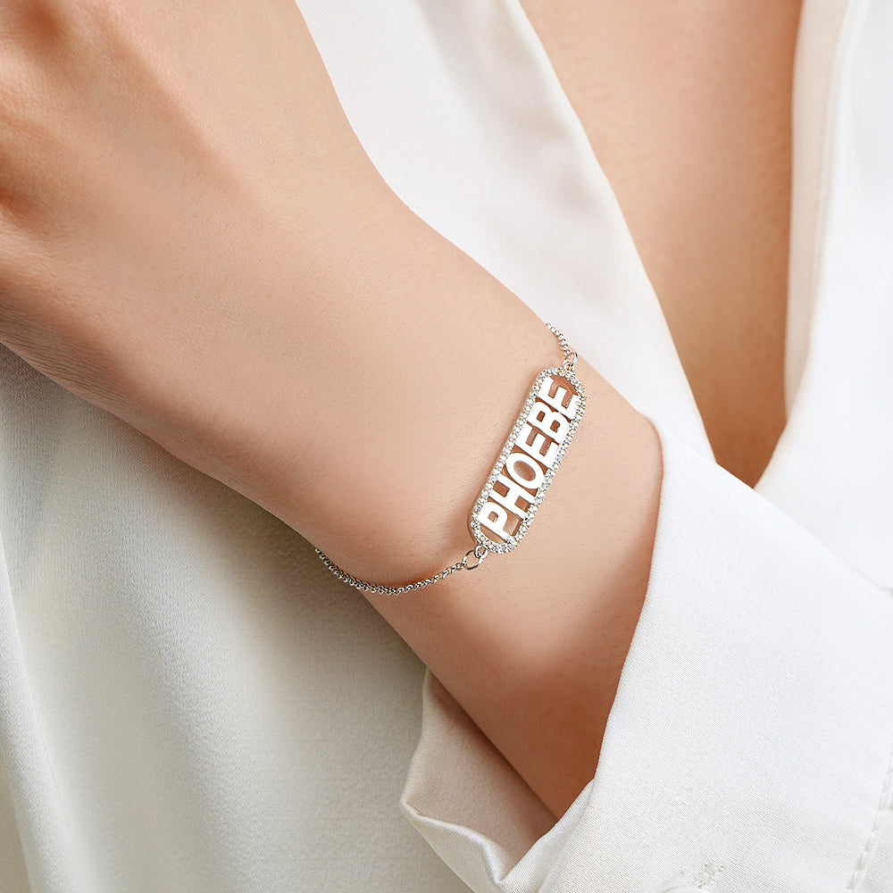 Bracciale Con Nome Personalizzato Con Barra Di Zircone, Braccialetto Personalizzato, Regalo Per Lei - soufeelit