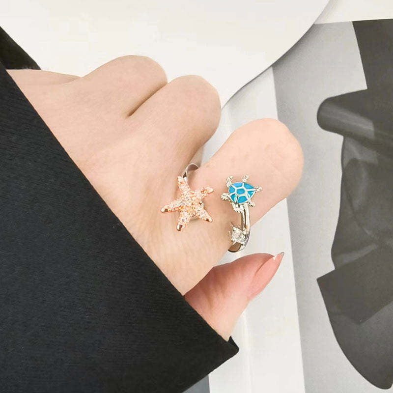 Fidget Anello Anti-ansia Tartaruga Marina E Stella Marina Anello Spinner Regolabile Aperto Regali Per Lei - soufeelit