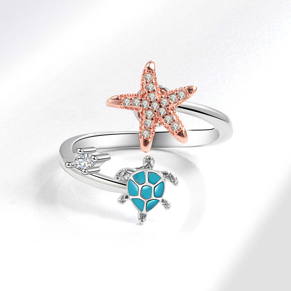 Fidget Anello Anti-ansia Tartaruga Marina E Stella Marina Anello Spinner Regolabile Aperto Regali Per Lei - soufeelit