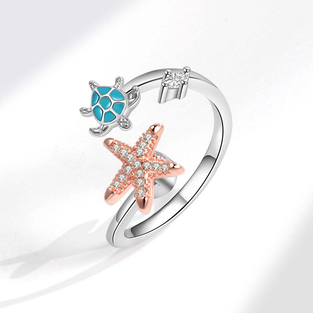 Fidget Anello Anti-ansia Tartaruga Marina E Stella Marina Anello Spinner Regolabile Aperto Regali Per Lei - soufeelit