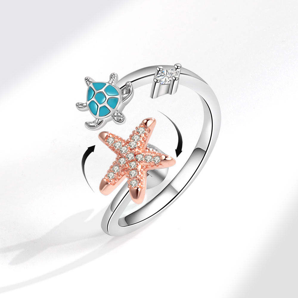 Fidget Anello Anti-ansia Tartaruga Marina E Stella Marina Anello Spinner Regolabile Aperto Regali Per Lei - soufeelit