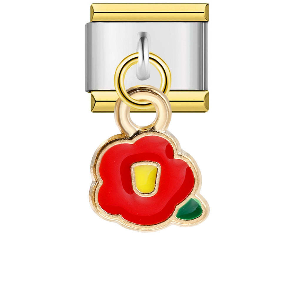 Ciondolo Fiore Rosso Foglia Verde Bordo Oro Charm Italiano Per Bracciali Charm Italiani Link Composable - soufeelit