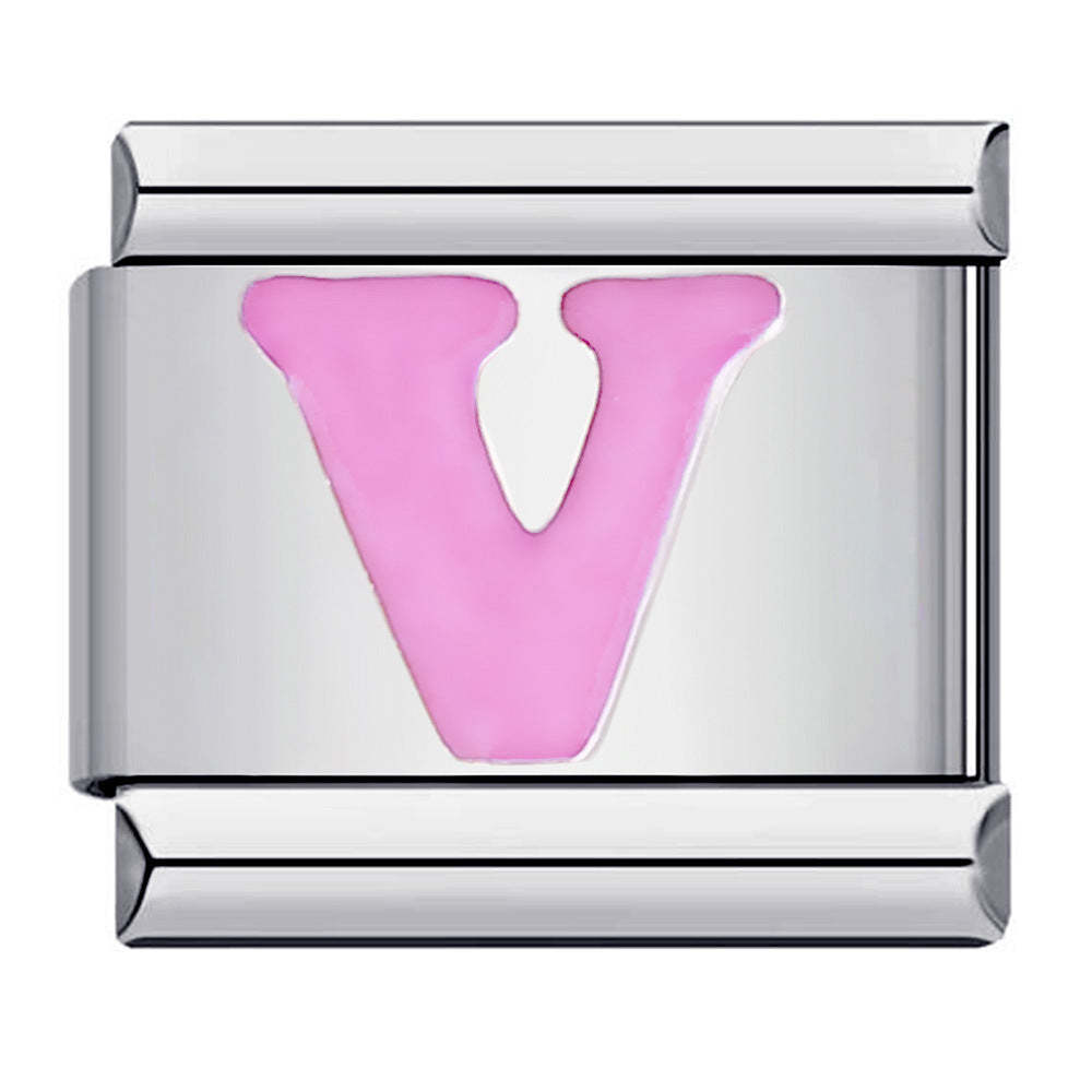 Charm Italiano Lettera V Rosa Per Braccialetti Con Charm Italiani Link Composable - soufeelit
