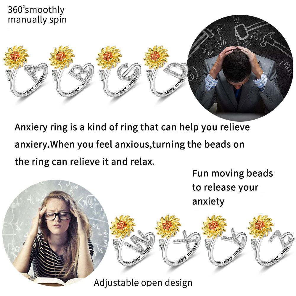 Anello Spinner Girasole Lettera Iniziale Anelli Di Agitazione Regolabili Per L'ansia Per Alleviare Lo Stress Per Le Donne - soufeelit