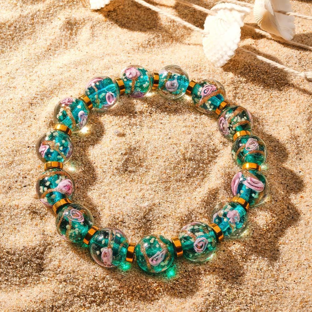 Bracciale Con Perline Elasticizzate In Vetro Blu Lucciola Fiorito. Bracciale Luminoso Che Si Illumina Al Buio - soufeelit