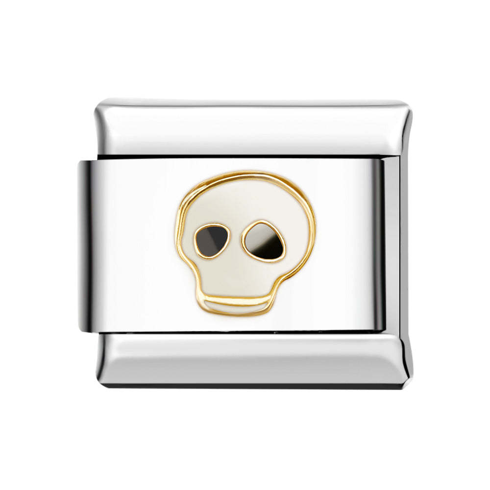 Charm Italiano Teschio Bianco Con Finiture In Argento Per Braccialetti Con Charm Italiani Link Composable