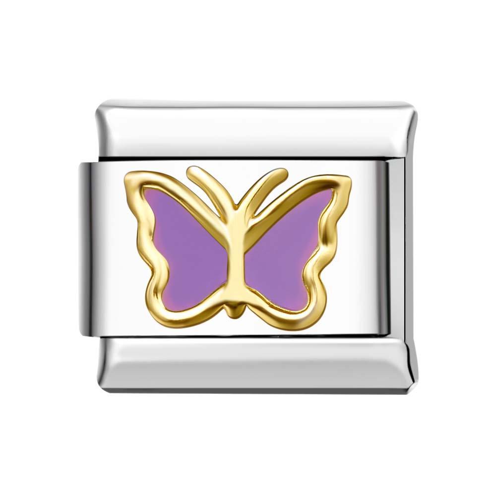 Farfalla Con Bordo Oro - Charm Italiano Viola Per Braccialetti Con Charm Italiani Link Composable - soufeelit