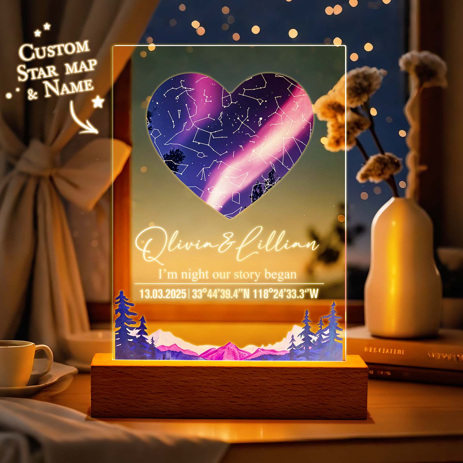 Lampada Notturna Acrilica Con Mappa Stellare Personalizzata, Testo Della Data E Base In Legno, Decorazione Per La Casa, Regalo Di San Valentino E Anniversario Per Coppie
