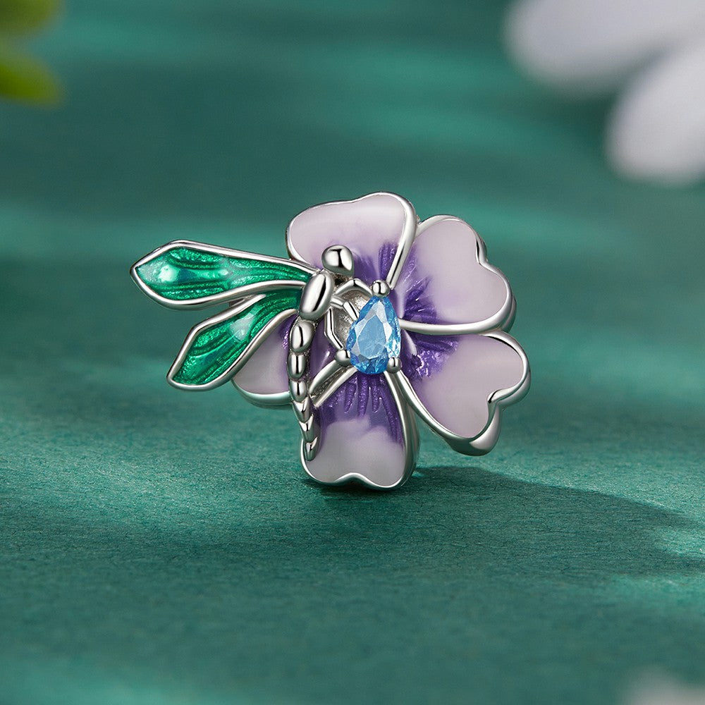 dragonfly flower purple charm 925 sterling silver xs2088