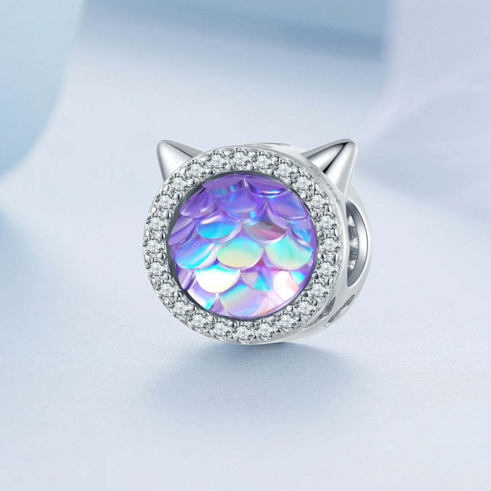 Ciondolo sfumato viola con testa di gatto e squame di pesce, in argento sterling 925 xs2154