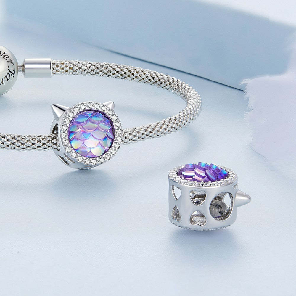 Ciondolo sfumato viola con testa di gatto e squame di pesce, in argento sterling 925 xs2154