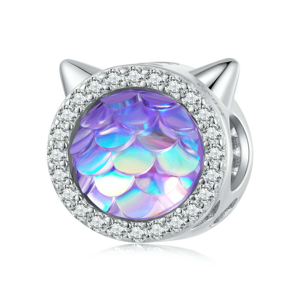Ciondolo sfumato viola con testa di gatto e squame di pesce, in argento sterling 925 xs2154