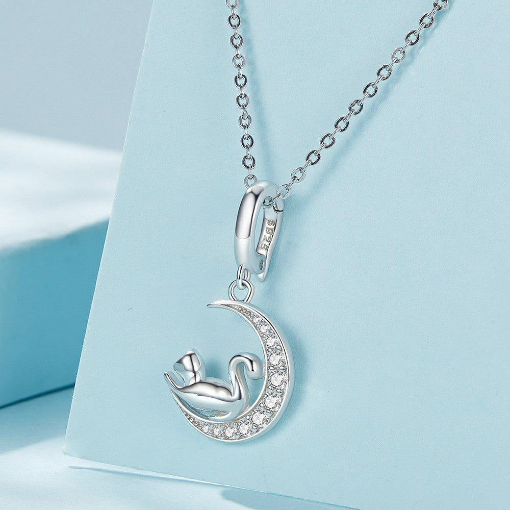 ciondolo pendente con fibbia di apertura e chiusura luna e gatto in argento sterling 925 yb2323