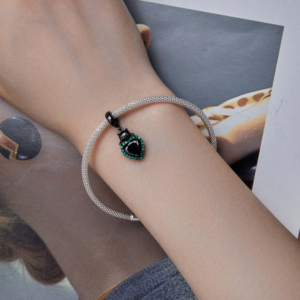 ciondolo pendente gatto nero con cuore verde in argento sterling 925 yb2380