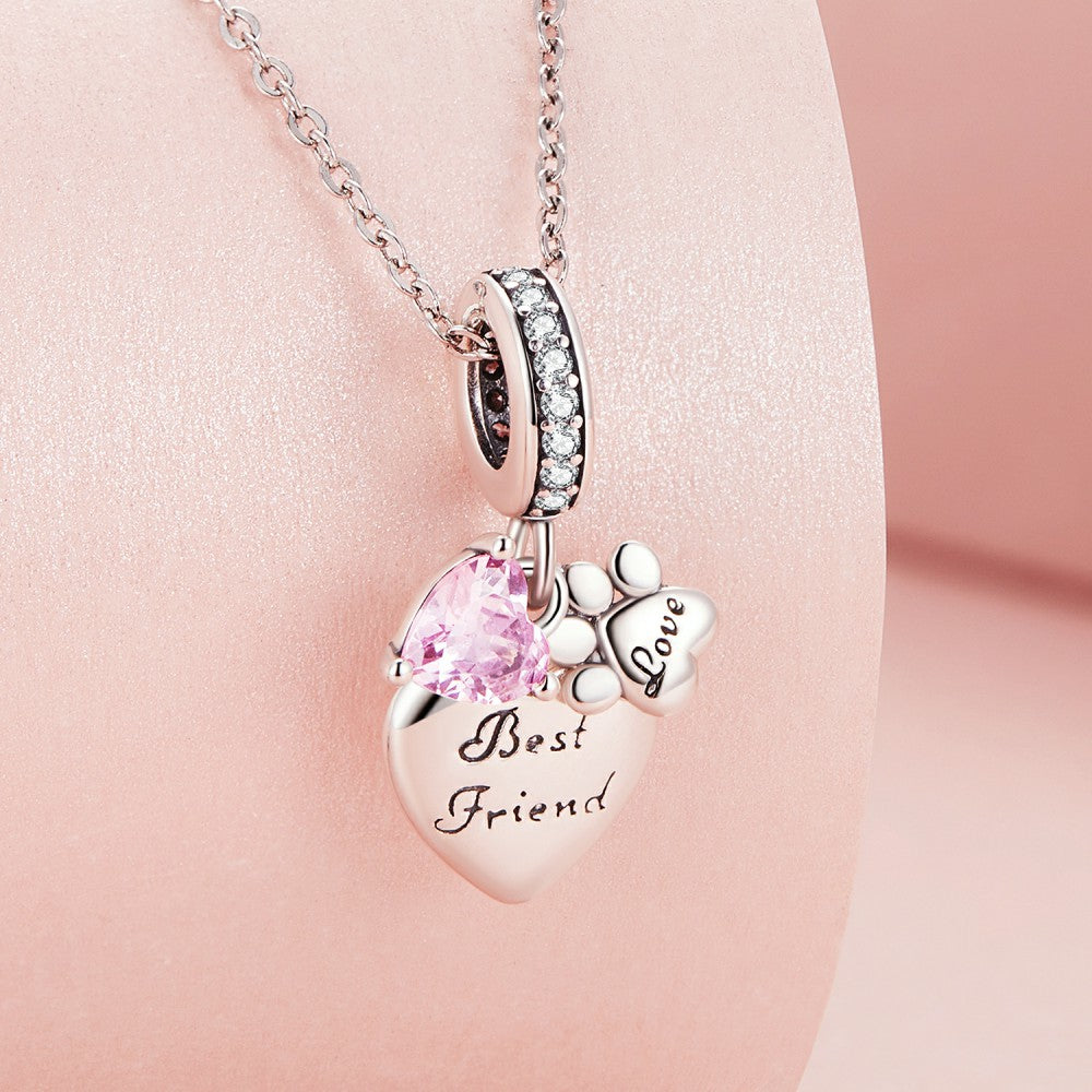 best friend heart paw pink dangle charm 925 sterling silver gifts for pet lovers yb2389