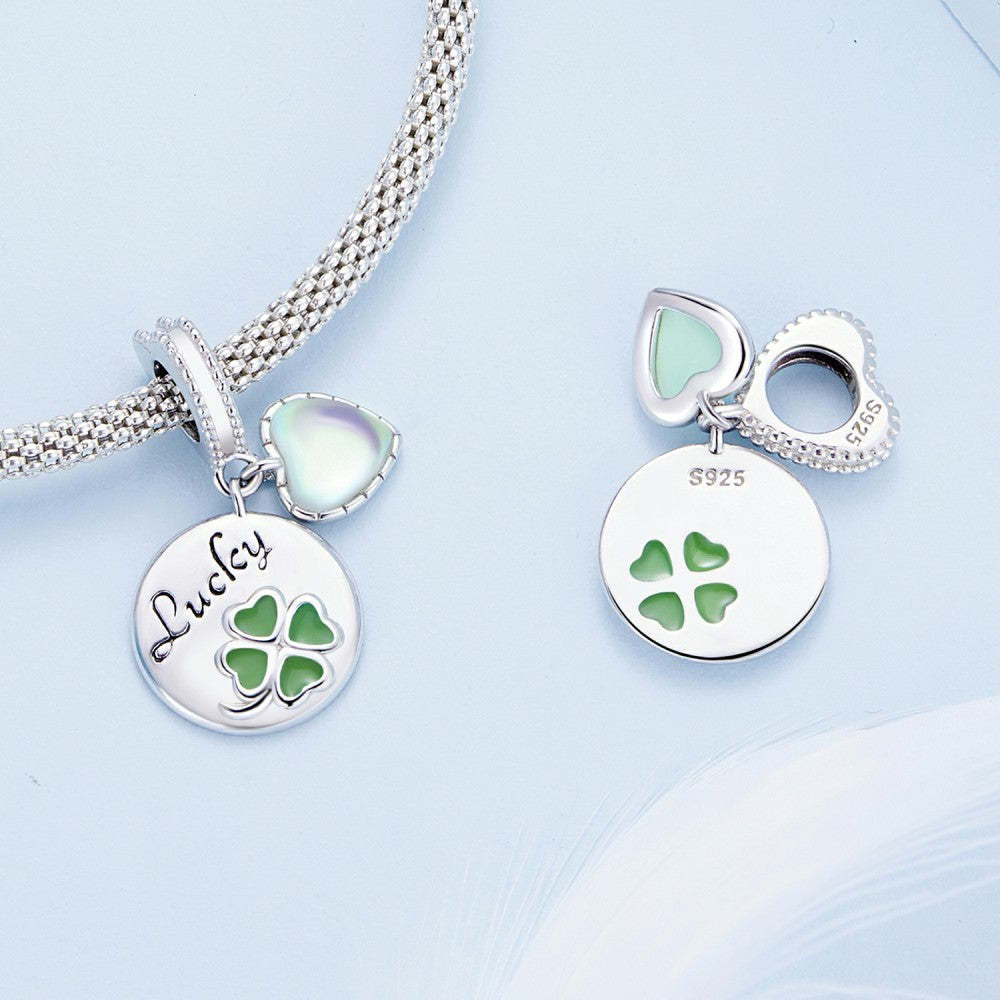 ciondolo portafortuna pendente verde quadrifoglio a forma rotonda con cuore in vetro in argento sterling 925 yb2391