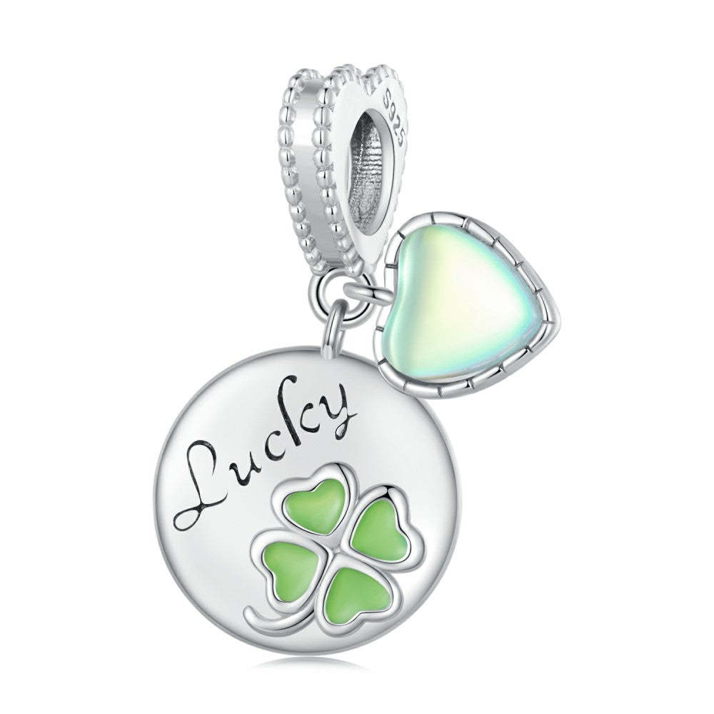 ciondolo portafortuna pendente verde quadrifoglio a forma rotonda con cuore in vetro in argento sterling 925 yb2391