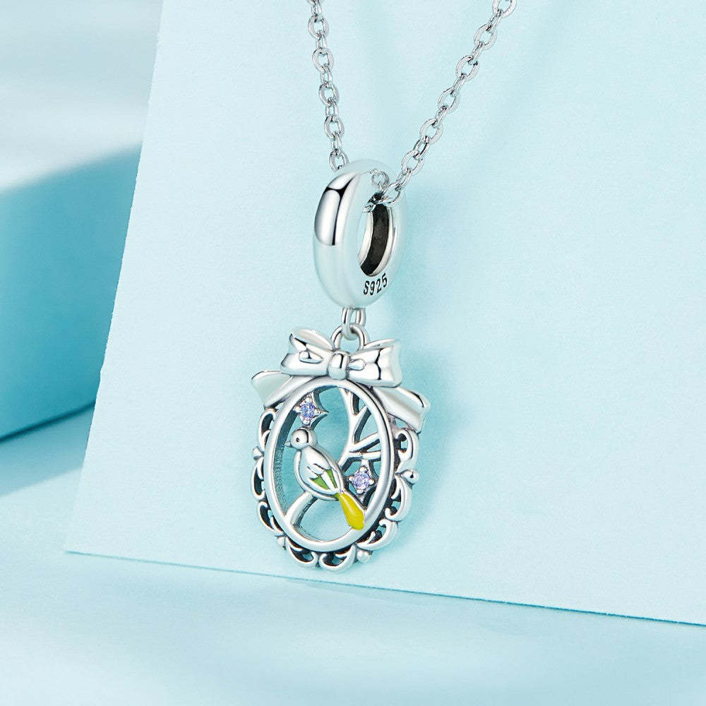 Ciondolo pendente con anello rotondo uccello in vischio in argento sterling 925 yb2402