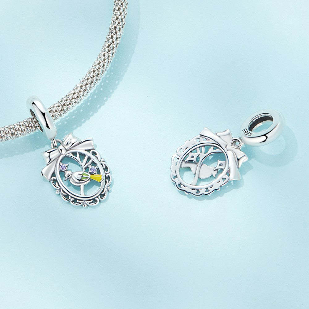 Ciondolo pendente con anello rotondo uccello in vischio in argento sterling 925 yb2402
