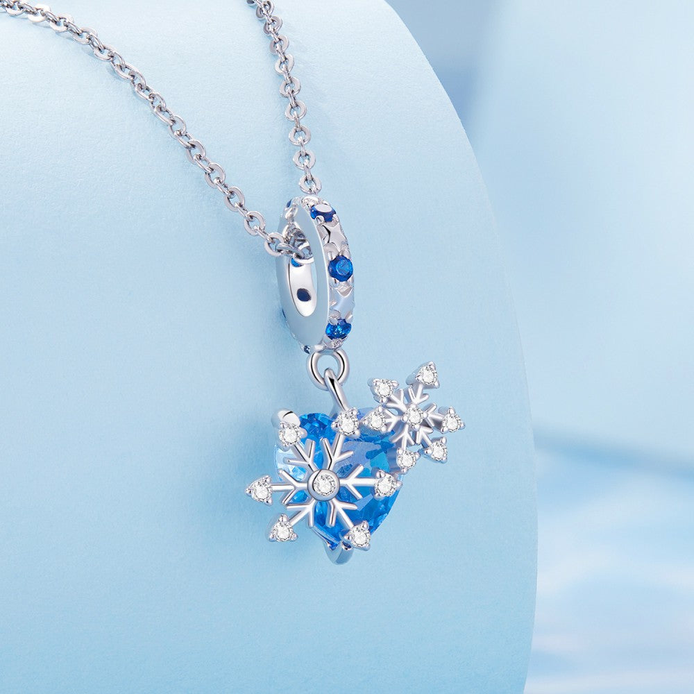 blue heart with snow flakes dangle charm 925 sterling silver yb2419