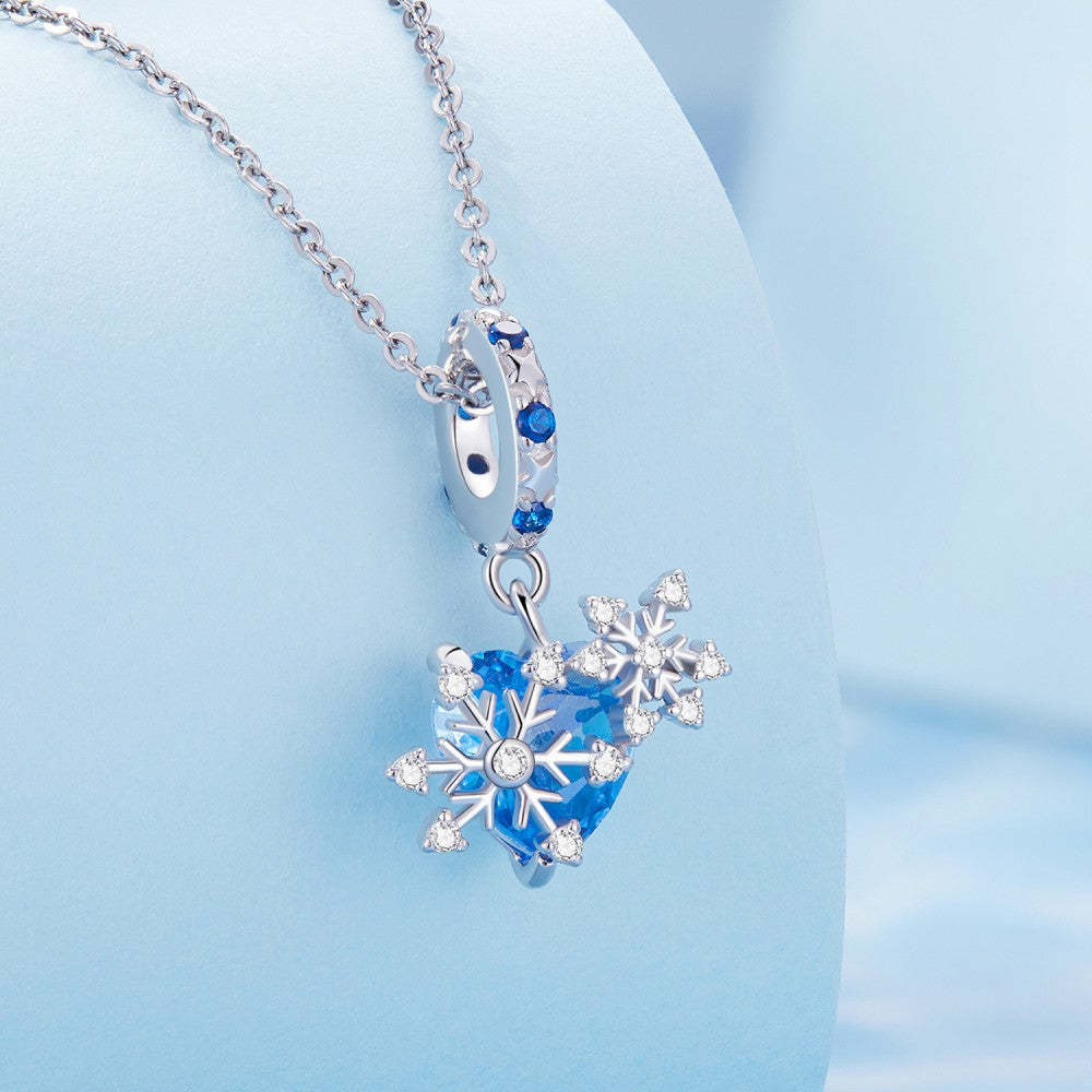 ciondolo pendente cuore blu con fiocchi di neve in argento sterling 925 yb2419