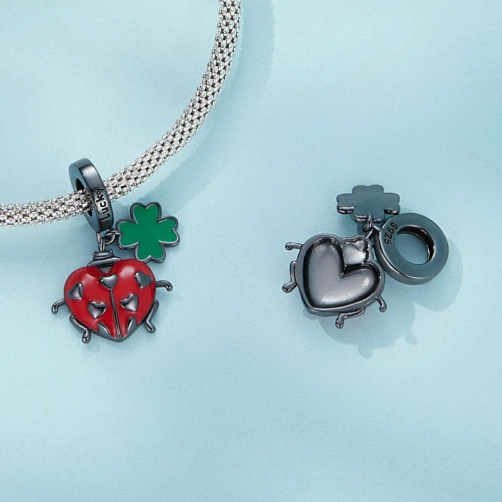 ciondolo pendente coccinella rossa e quadrifoglio in argento sterling 925 yb2429