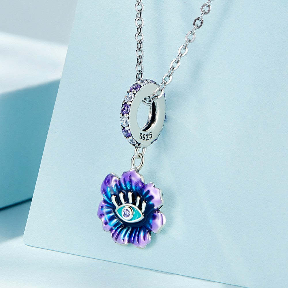 Ciondolo pendente fiore malocchio blu e viola in argento sterling 925 yb2434