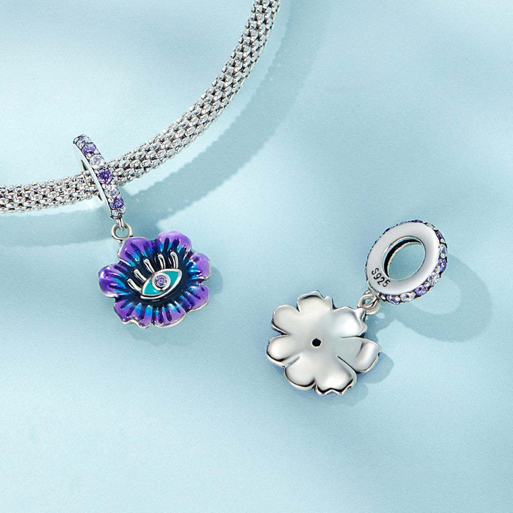 Ciondolo pendente fiore malocchio blu e viola in argento sterling 925 yb2434