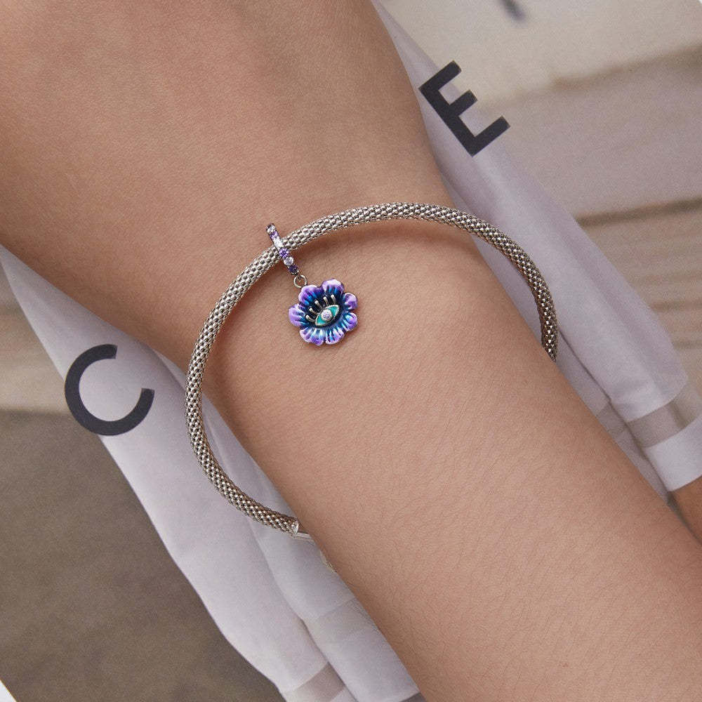 Ciondolo pendente fiore malocchio blu e viola in argento sterling 925 yb2434