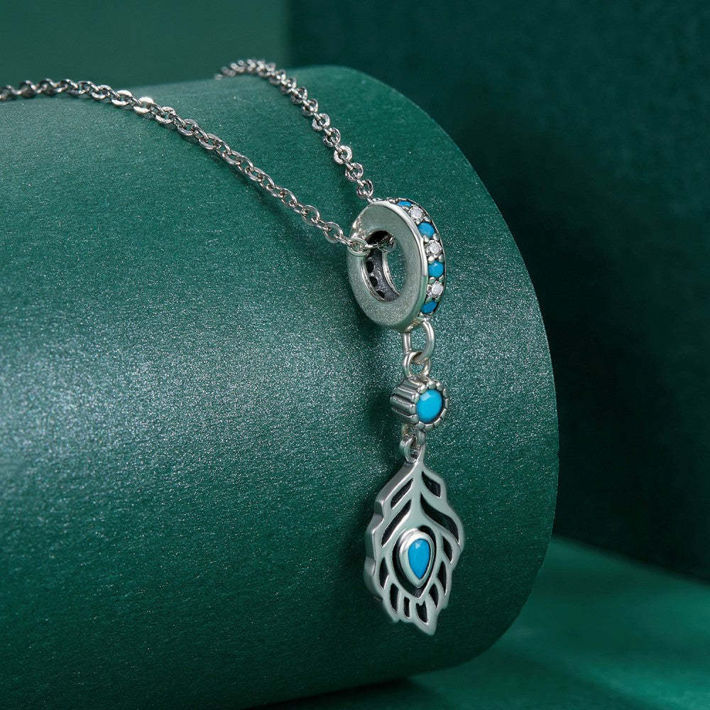 ciondolo pendente piuma di pavone blu in argento sterling 925 yb2469