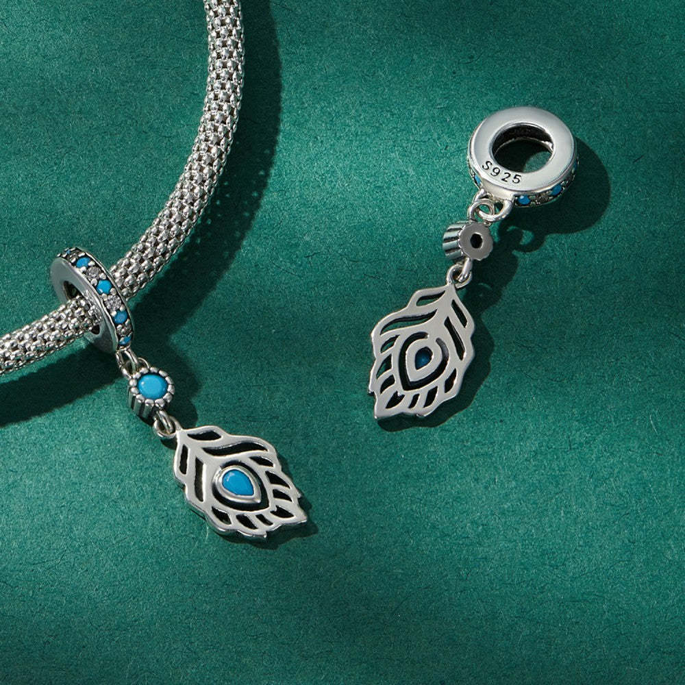 ciondolo pendente piuma di pavone blu in argento sterling 925 yb2469