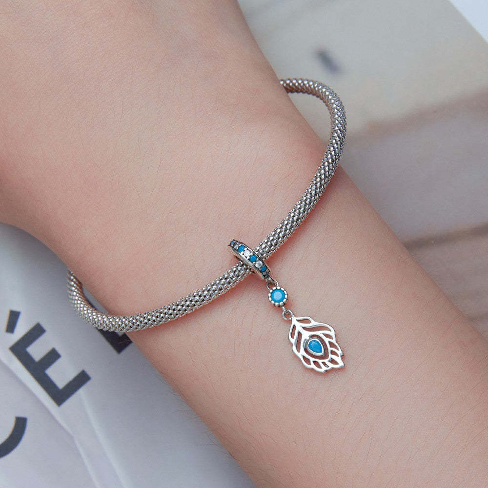 ciondolo pendente piuma di pavone blu in argento sterling 925 yb2469