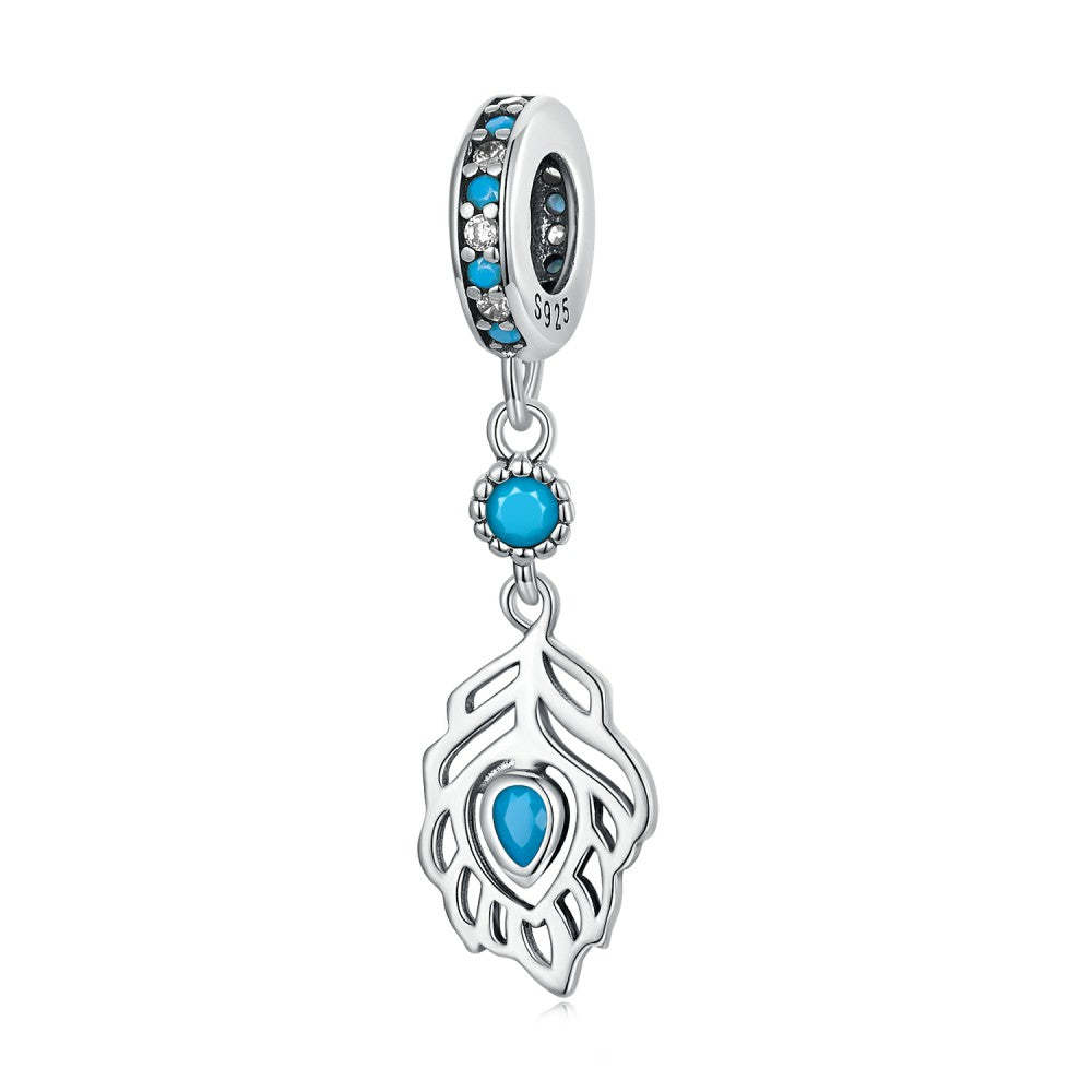 ciondolo pendente piuma di pavone blu in argento sterling 925 yb2469