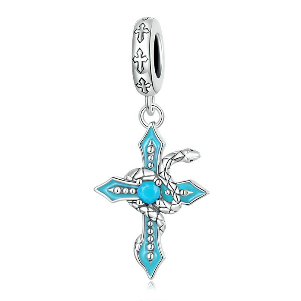 Ciondolo pendente croce serpente spirituale blu in argento sterling 925 yb2502