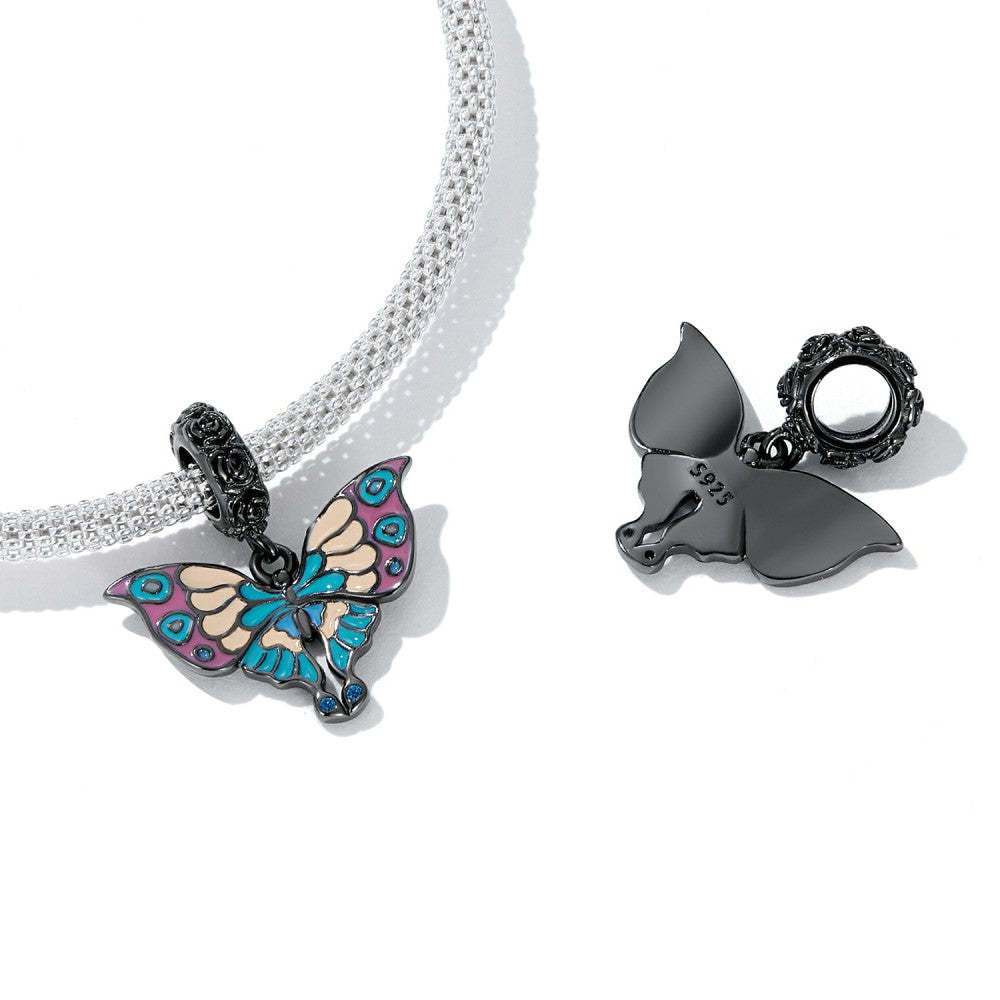 Ciondolo pendente con farfalla artistica e rosa nera in argento sterling 925 yb2517