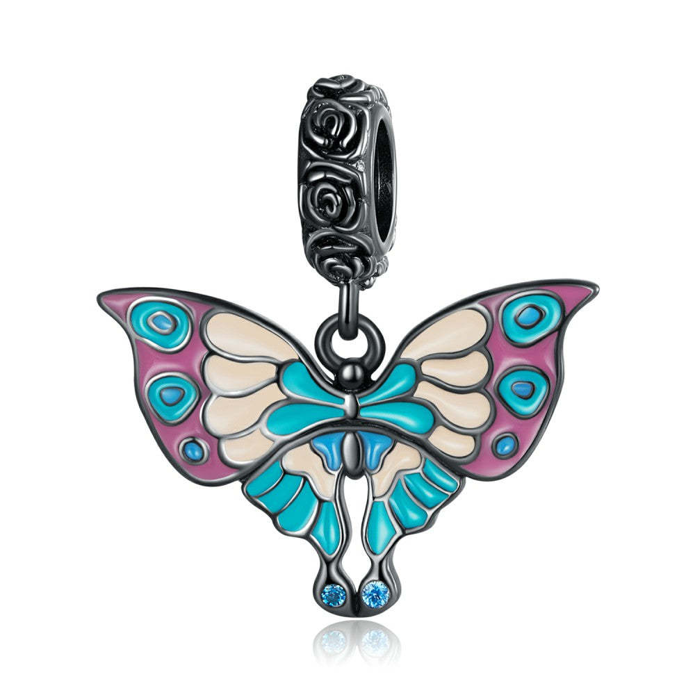 Ciondolo pendente con farfalla artistica e rosa nera in argento sterling 925 yb2517