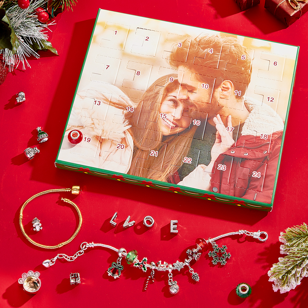 Gioielli Con Foto Personalizzati, Calendario Dell'avvento, Ciondolo Con Foto, Braccialetto Con Scatola Cieca A Sorpresa Natalizia, Braccialetto Con Scatola Regalo Con Conto Alla Rovescia Per 24 Calendari