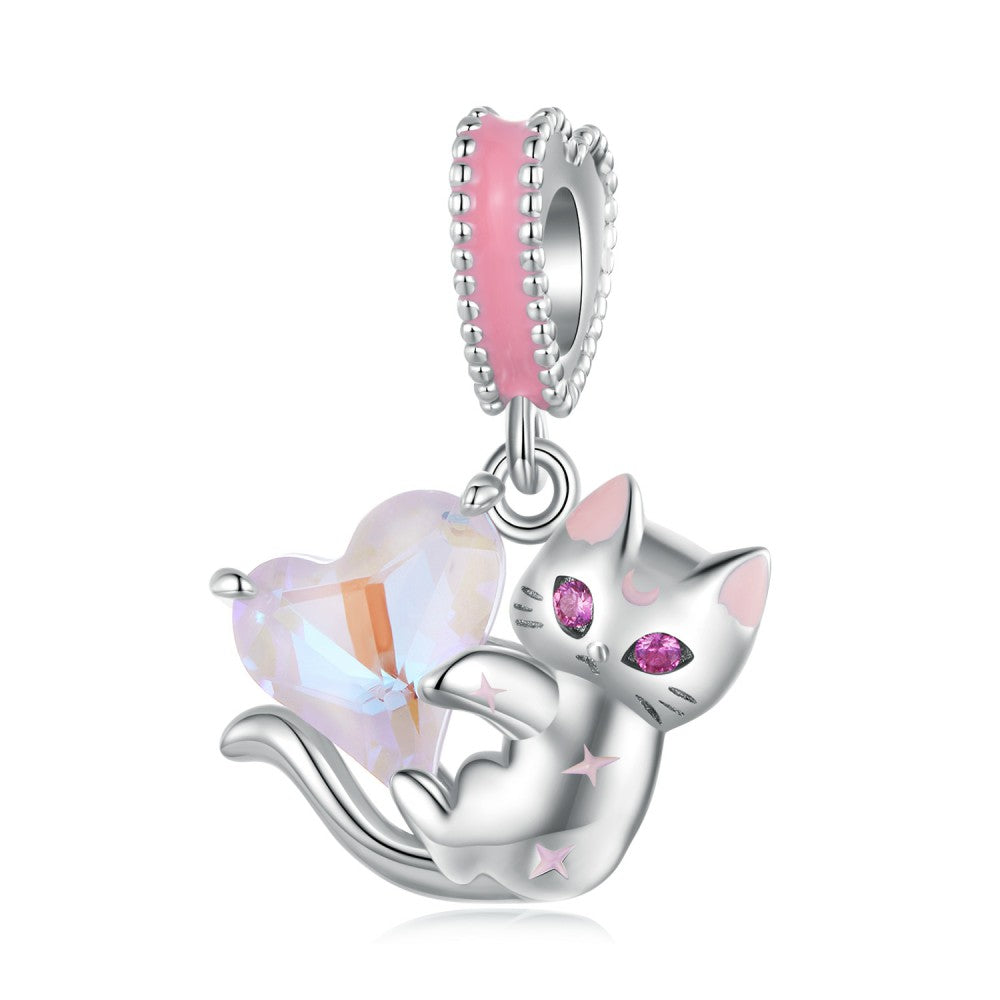 cats and hearts dangle charm 925 sterling silver yb2386