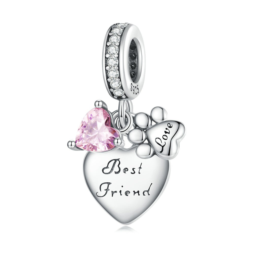 best friend heart paw pink dangle charm 925 sterling silver gifts for pet lovers yb2389